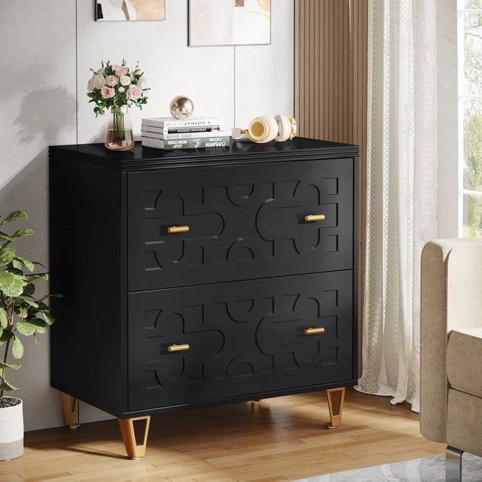 Retro Black/Gold Geometric Scroll 2 Drawer Filing Cabinet Printer Stand