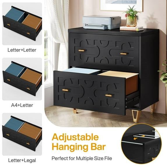 Retro Black/Gold Geometric Scroll 2 Drawer Filing Cabinet Printer Stand